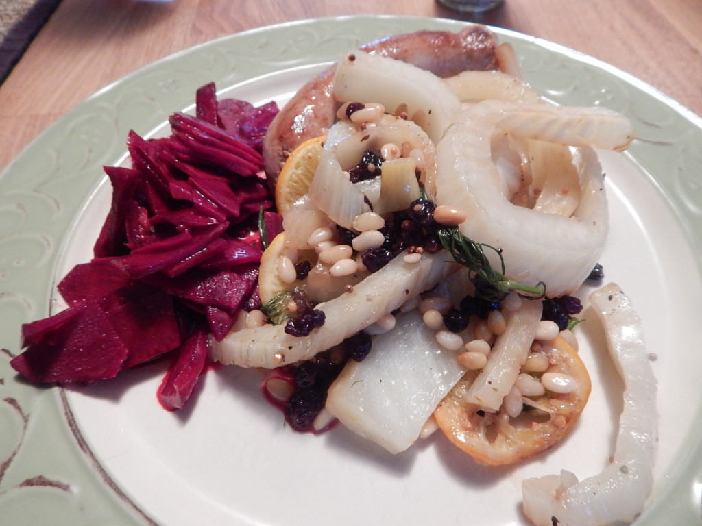 Asian Beet Salad with Braised Fennel, Sausage, Currants Pine Nuts